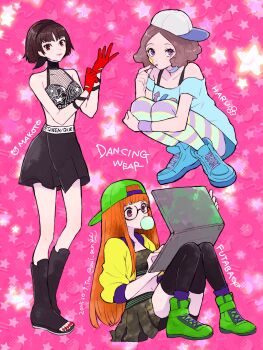 3girls bare_shoulders baseball_cap black_hair black_hairband black_skirt black_thighhighs blowing_bubble_gum blue_choker blue_shirt blue_shoes blunt_bangs boots brown_eyes brown_hair character_name chewing_gum choker closed_mouth computer crop_top dated full_body glasses gloves green_shoes hairband hat highres hugging_own_legs jacket laptop long_hair midriff multiple_girls nail_polish niijima_makoto off-shoulder_shirt off_shoulder official_alternate_costume okumura_haru open-toe_boots open_clothes open_jacket orange_hair oui_zen pantyhose parted_bangs persona persona_5 persona_5:_dancing_star_night persona_dancing pink_background red_eyes red_gloves red_nails sakura_futaba shirt shoes short_hair sitting skirt sneakers squatting star_(symbol) striped_clothes striped_pantyhose thighhighs toenail_polish toenails twitter_username yellow_jacket