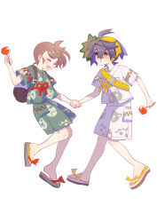 1boy 1girl :d absurdres brown_hair candy_apple closed_eyes commentary_request food green_shirt green_shorts hairband highres holding holding_hands juliana_(pokemon) kieran_(pokemon) mask mask_on_head mole mole_on_neck nintendo open_mouth pokemon pokemon_sv sandals shirt shocho_(shaojiujiu) short_hair short_sleeves shorts smile strap toes white_background white_shirt white_shorts yellow_eyes yellow_hairband