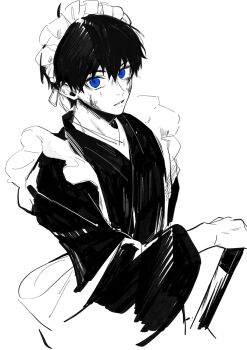 Rule 34 | 1boy, apron, blood, blood on face, blue eyes, blue lock, crossdressing, crossdressing (mtf), frilled apron, frills, highres, holding, holding sword, holding weapon, isagi yoichi, japanese clothes, maid, maid apron, maid headdress, male focus, male maid, pcal pcal, short hair, simple background, solo, spot color, sword, waist apron, weapon, white background