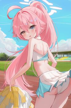 1girl :o absurdres ahoge alternate_costume arched_back ass bare_back bare_shoulders blue_archive blue_eyes blue_sky blush cheerleader chii_(k_ung) cloud commentary_request crop_top from_behind hair_between_eyes halo heterochromia highres holding holding_pom_poms hoshino_(blue_archive) huge_ahoge loli long_hair looking_at_viewer looking_back millennium_cheerleader_outfit_(blue_archive) open_mouth outdoors panties pink_hair pink_halo pleated_skirt pom_pom_(cheerleading) pom_poms ponytail running_track skirt sky solo stadium standing sweat thighs underwear very_long_hair white_panties yellow_eyes