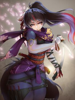 1girl black_hair black_pantyhose commentary_request cowboy_shot dual_wielding facial_mark high_ponytail holding holding_knife knife kunimitsu_ii long_hair multicolored_hair ninja pantyhose petals pink_petals ponytail purple_hair red_hair short_sword solo streaked_hair sword tantou tekken tekken_7 thick_thighs thighs weapon yotastar
