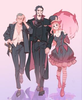 1girl 2boys anger_vein arm_tattoo bare_shoulders black_coat black_dress black_hair blunt_bangs boots cheseely coat commentary dracule_mihawk dress english_commentary facial_hair full_body gloves green_hair hand_in_pocket hat head_bump highres holding holding_umbrella long_hair multiple_boys mustache one_piece perona pink_hair roronoa_zoro scar scar_across_eye scar_on_face short_hair smile tattoo umbrella