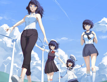 4girls age_progression arms_at_sides artist_logo belt belt_buckle beret black_belt black_bow black_bowtie black_choker black_dress black_neckerchief black_pants blue_eyes blue_sailor_collar blue_sky bow bowtie breasts brocollie buckle buttons choker closed_mouth cloud collarbone collared_shirt commentary day double-breasted dress english_commentary grey_skirt grin hair_ornament hairclip hands_up hat jacket large_breasts logo long_hair long_sleeves miniskirt multiple_girls neckerchief open_mouth original outdoors outstretched_arms pants parallel_hairclips pinafore_dress pleated_dress purple_hair red_bow red_bowtie sailor_collar school_uniform serafuku shirt shirt_tucked_in shoes short_hair short_sleeves single_stripe skirt sky sleeveless sleeveless_dress sleeveless_shirt smile sneakers socks spread_arms walking white_hat white_jacket white_shirt white_shoes white_socks wind_turbine windmill wing_collar wristband