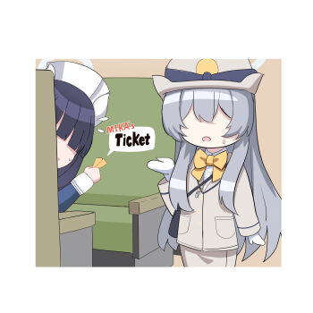 2girls bag bench blue_archive blunt_bangs commentary_request english_text faceless faceless_female gloves grey_hair hair_between_eyes halo handbag hat highlander_railway_academy_student_(hg)_(blue_archive) holding holding_ticket indoors long_hair long_sleeves medical_emergency_club_member_(blue_archive) multiple_girls nurse nurse_cap o_(rakkasei) sidelocks sweatdrop ticket train_attendant train_interior travel_attendant white_gloves