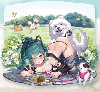 1girl all_fours animal_ear_hairband animal_ears animal_hands aqua_hair arched_back arm_strap ass bag ball bare_shoulders belt bench black_choker black_jacket blush breasts brown_dog bug butt_crack butterfly butterfly_on_ass chain choker cleavage clothes_pull collar collarbone crossed_bangs day denim dog dog_ears dog_request fake_animal_ears flower foliage forced_smile full_body girls'_frontline grass hair_between_eyes hair_ornament hairband hairclip heart heavy_breathing holding holding_leash insect jacket jeans jewelry jumping large_breasts leash long_hair looking_at_viewer m327_(cutie_trainer)_(girls'_frontline) m327_(girls'_frontline) medium_breasts o-ring o-ring_arm_strap off_shoulder official_alternate_costume official_art open_clothes open_jacket open_mouth outdoors panties pants pants_pull park path pet_food ponytail purple_belt rayno red_eyes ring road shoes sneakers solo stone_floor strapless striped_clothes striped_jacket sweat tennis_ball third-party_edit third-party_source tongue tongue_out torn_clothes torn_jeans torn_pants transparent_background tree tube_top underwear v vertical-striped_clothes vertical-striped_jacket waving white_dog white_flower white_panties white_shoes white_tube_top whoisshe yellow_butterfly