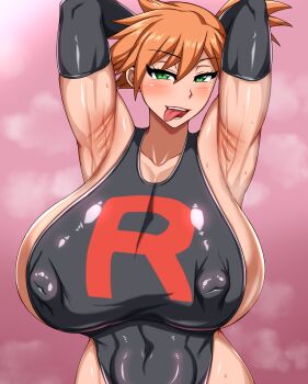 1girl absurdres armpits arms_behind_head arms_up asymmetrical_hair black_gloves blush breasts covered_erect_nipples covered_navel elbow_gloves female_focus gloves green_eyes highres huge_breasts large_breasts leotard looking_at_viewer misty_(pokemon) murasame_(tmurasamek) naughty_face navel nintendo nipples open_mouth orange_hair pokemon pokemon_rgby ponytail presenting_armpit shiny_skin short_hair side_ponytail smile solo steaming_body sweat swimsuit team_rocket team_rocket_uniform teeth thick_thighs thighs tongue tongue_out upper_body