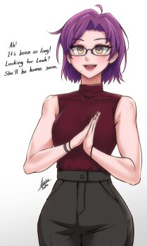 1girl :d absurdres ahoge airisubaka artist_name bare_arms bare_shoulders black-framed_eyewear black_pants breasts commentary covered_collarbone cowboy_shot english_commentary english_text glasses gradient_background grey_background highres light_blush looking_at_viewer medium_breasts mole mole_under_eye mole_under_mouth open_mouth original palms_together pants purple_hair scar scar_on_shoulder semi-rimless_eyewear shirt short_hair signature simple_background sleeveless sleeveless_shirt smile solo teeth toned toned_female turtleneck turtleneck_shirt under-rim_eyewear upper_teeth_only white_background yellow_eyes
