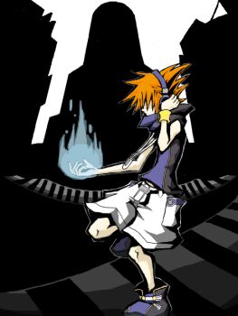 Rule 34 | 1boy, belt, building, city, crosswalk, energy, headphones, high collar, loose belt, male focus, mp3 player, orange hair, sakuraba neku, shirt, shorts, sleeveless, sleeveless shirt, spiked hair, standing, standing on one leg, subarashiki kono sekai, sweatband, white shorts