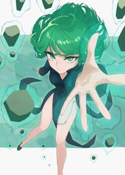 1girl absurdres aura bare_legs black_dress black_shoes breasts closed_mouth colored_eyelashes commentary_request curly_hair dress eyelashes fighting_stance foot_out_of_frame foreshortening frown green_background green_eyes green_hair highres incoming_attack long_sleeves looking_at_viewer medium_hair one-punch_man outstretched_arms outstretched_hand pearlbbbb pelvic_curtain shoes simple_background small_breasts solo tatsumaki telekinesis tsurime two-tone_background upturned_eyes white_background
