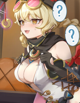 1girl 1other ? @_@ bandana_around_arm bare_shoulders black_gloves blonde_hair braid braided_hair_rings breasts center_opening cleavage clothing_cutout coin coin_on_string commentary_request fang genshin_impact glove_cutout gloves goggles goggles_on_head hair_rings highres hypnosis jahoda_(genshin_impact) large_breasts leotard lifting_own_clothes long_hair mind_control open_mouth paid_reward_available pink-tinted_eyewear skin_fang solo_focus speech_bubble spoken_question_mark sweat tinted_eyewear tomas_(kaosu22) upper_body white_leotard yellow_eyes