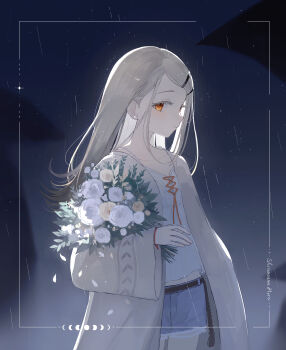 1girl absurdres belt black_belt blue_shorts blurry blurry_background bouquet brown_robe character_name collarbone colored_eyelashes commentary cowboy_shot denim denim_shorts earrings elbow_carry flat_chest flipped_hair flower from_side gakuen_idolmaster gradient_hair grey_hair hair_ornament hairclip hand_up highres holding holding_bouquet idolmaster inset_border jewelry long_hair looking_at_viewer looking_to_the_side midriff multicolored_hair open_clothes open_robe orange_eyes orange_ribbon outdoors parallel_hairclips parted_bangs parted_lips rain ribbon robe rope rope_belt shinosawa_hiro shorts silhouette solo stud_earrings symbol-only_commentary white_background white_flower wristband yellow_flower yuuneka