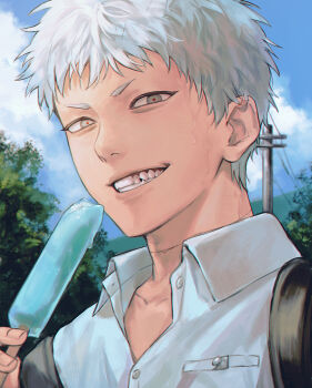 Rule 34 | 1boy, backpack, bag, bin (binonep), cloud, collared shirt, day, food, grey eyes, hashtag-only commentary, highres, hikaru ga shinda natsu, holding, holding food, holding popsicle, indou hikaru, male focus, melting popsicle, popsicle, portrait, power lines, realistic teeth, red pupils, scar, scar on neck, shirt, short eyebrows, short hair, sky, smile, solo, sweat, tree, utility pole, white hair, white shirt