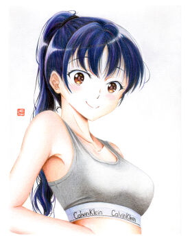 Rule 34 | 1girl, armpits, bare shoulders, blue hair, blush, boku no kokoro no yabai yatsu, bra, breasts, brown eyes, calvin klein, cleavage, closed mouth, collarbone, colored pencil (medium), dark blue hair, grey bra, long hair, looking at viewer, medium breasts, ponytail, signature, simple background, smile, solo, sports bra, traditional media, underwear, upper body, y takeshinu wan, yamada anna
