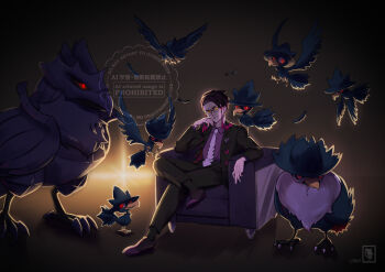 1boy absurdres black_hair black_jacket black_pants black_shoes chair closed_mouth collared_shirt commentary_request corbeau_(pokemon) corviknight crossed_legs gen_2_pokemon gen_4_pokemon gen_8_pokemon glasses hand_up highres honchkrow jacket lyklo male_focus murkrow necktie nintendo open_clothes open_jacket pants pokemon pokemon_(creature) pokemon_legends:_z-a round_eyewear shirt shoes short_hair sitting watermark yellow_eyes