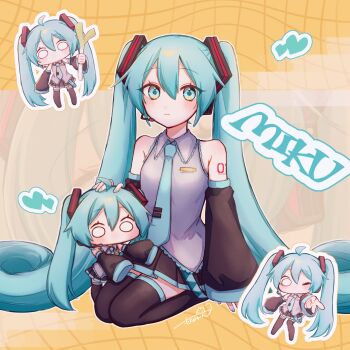 1girl absurdres ahoge aqua_eyes aqua_hair aqua_nails aqua_necktie aqua_trim arm_tattoo bare_shoulders black_skirt black_sleeves boots breasts character_name chibi closed_mouth collared_shirt commentary_request deformed detached_sleeves full_body grey_shirt hair_between_eyes hair_ornament hand_on_another's_head hatsune_miku headphones highres long_hair long_sleeves looking_at_viewer medium_breasts miniskirt mokyuren necktie number_tattoo one_eye_closed pleated_skirt shirt simple_background sitting skirt sleeveless sleeveless_shirt sleeves_past_wrists solo spring_onion tattoo thigh_boots twintails very_long_hair vocaloid