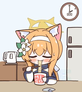 1girl achilles_(yosshyachillesd) analog_clock animal_ear_fluff animal_ears blue_archive blush chopsticks clock commentary_request eating electric_kettle flower food hair_flower hair_ornament hairband halo indoors instant_cup_noodles instant_noodles jacket kettle long_hair mari_(blue_archive) mari_(track)_(blue_archive) multicolored_jacket noodles nun official_alternate_costume orange_hair refrigerator solo table track_jacket two-tone_jacket wall_clock white_flower white_hairband yellow_halo