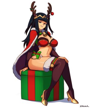 1girl absurdres artist_name bell bikini black_hair blunt_bangs box breasts brown_eyes cape commentary english_commentary fake_antlers fire_emblem fire_emblem_awakening fire_emblem_heroes full_body gift gift_box grin high_heels highres large_breasts navel neck_bell nintendo official_alternate_costume on_box red_cape santa_bikini santa_costume sitting sitting_on_box smgold smile solo stomach swimsuit tharja_("normal_girl")_(fire_emblem) tharja_(fire_emblem) thick_thighs thighhighs thighs white_background