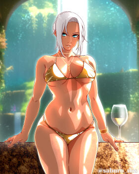 1girl absurdres bikini blue_eyes blurry blurry_background bracelet breasts commentary_request cowboy_shot cup dark-skinned_female dark_skin drinking_glass earrings gold_bikini hair_bun highres jewelry large_breasts mabui_(naruto) naruto_(series) naruto_shippuuden necklace parted_lips saburo_des shiny_skin single_hair_bun sitting smile solo swimsuit twitter_username underboob white_hair wine_glass