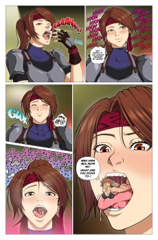 2girls absurdres armor ass bandana bdsm black_bra black_panties blush bodysuit bodysuit_under_clothes bondage boobplate bound bra breastplate breasts brown_eyes brown_hair chainmail cherry_stem_knot cmvoreroom commission earrings elbow_sleeve final_fantasy final_fantasy_vii final_fantasy_vii_remake fingerless_gloves gagged gloves headband highres jessica_dimensal jessie_rasberry jewelry long_hair mini_person minigirl multiple_girls orange_hair original panties ponytail red_headband saliva shoulder_armor size_difference speech_bubble teeth tongue underwear vore yellow_eyes