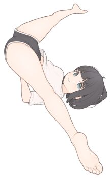 1girl 1ssakawaguchi absurdres barefoot black_hair black_shorts blush bob_cut closed_mouth dolphin_shorts feet flexible grey_eyes highres ichika_(1ssakawaguchi) kneepits legs looking_at_viewer midriff_peek original shirt short_shorts short_sleeves shorts simple_background smile soles solo split spread_legs stretching t-shirt toes white_background white_shirt