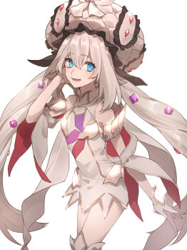 1girl blue_eyes breasts commentary_request cowboy_shot detached_sleeves dress fate/grand_order fate_(series) flower gloves hair_flower hair_ornament hand_in_own_hair hat highres large_hat long_hair marie_antoinette_(fate) marie_antoinette_(third_ascension)_(fate) short_dress small_breasts solo tofu_(bean359) very_long_hair white_dress white_gloves white_hair white_hat