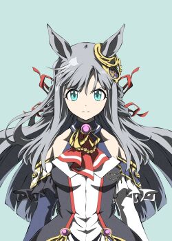 1girl animal_ears ascot asymmetrical_sleeves bare_shoulders blue_eyes blunt_bangs breasts chrono_genesis_(prismatic_curator)_(umamusume) chrono_genesis_(umamusume) closed_mouth detached_sleeves dress grey_hair hair_between_eyes hair_ornament highres horse_ears horse_girl long_hair looking_at_viewer medium_breasts mismatched_sleeves red_ascot simple_background solo umamusume zukki_(bijitaru)
