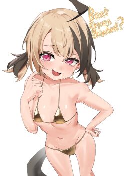 1girl :d absurdres ahoge bikini black_hair blush breasts brown_hair cowboy_shot dot_nose english_text fang gigi_murin gold_bikini hand_on_own_hip hand_up highres hololive hololive_english loli looking_at_viewer looking_to_the_side medium_hair multicolored_hair navel open_mouth pink_eyes ronanandresgavi short_twintails simple_background skin_fang small_breasts smile solo stomach string_bikini swimsuit twintails two-tone_hair virtual_youtuber white_background
