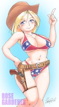 1girl belt bikini blonde_hair blue_eyes breasts closed_mouth collarbone confederate_flag_bikini cowboy_hat cowgirl_(western) eyelashes flag_print flag_print_bikini gun gunbelt hand_on_own_hip handgun hat index_finger_raised knees_together_feet_apart large_breasts looking_at_viewer navel original print_bikini revolver rose_gardener signature smile solo swimsuit thigh_gap underboob weapon yabataso