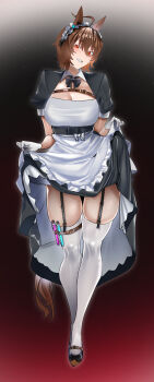 1girl absurdres agnes_tachyon_(umamusume) ahoge animal_ears apron black_bow black_bowtie black_dress blush bow bowtie breasts brown_hair chemical_structure cleavage clothes_lift commentary_request dress dress_lift earrings full_body garter_straps gloves grin hair_between_eyes highres horse_ears horse_girl horse_tail jewelry jitome_no_tsugumi large_breasts looking_at_viewer maid maid_apron maid_headdress medium_hair open_mouth red_eyes short_sleeves single_earring smile solo tail teeth test_tube thigh_strap thighhighs umamusume white_apron white_gloves white_headdress white_thighhighs