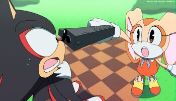 1boy 1girl aiming animal_ears checkered_floor cream_the_rabbit cyberpunk_(series) cyberpunk:_edgerunners furry furry_female furry_male galaxy_cowboy gloves grass gun handgun hedgehog highres leaning_back lower_teeth_only meme meme_reference open_mouth parody rabbit rabbit_ears shadow_the_hedgehog sonic_(series) sweat teeth upper_teeth_only watermark weapon white_gloves wide-eyed
