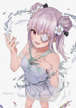 1girl :d amayomiyu blush bracelet breast_suppress breasts commentary double_bun dress eyepatch eyes_visible_through_hair feet_out_of_frame flower from_above hair_between_eyes hair_bun hair_flower hair_ornament hands_up heaven_burns_red jewelry looking_at_viewer lower_teeth_only medium_breasts medium_hair necklace one_eye_covered open_mouth red_eyes see-through_clothes simple_background sleeveless sleeveless_dress smile solo standing sundress teeth thick_eyebrows twintails twitter_username water white_background white_dress white_flower white_hair yamawaki_bon_ivar