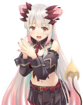 1girl :d bare_shoulders belt between_breasts black_shirt black_skirt black_sleeves black_vest bra breasts center-flap_bangs commentary_request cone_hair_bun cowboy_shot crop_top cropped_shirt cropped_vest demon_girl demon_horns demon_tail detached_collar detached_sleeves double-parted_bangs double_bun frilled_skirt frills gradient_hair grey_hair groin hair_bun haniwa_(leaf_garden) headgear horns lace lace_shirt leaning_forward light_blush long_hair long_sleeves looking_at_viewer lowleg lowleg_skirt midriff miniskirt multicolored_hair nail_polish nanashi_inc. navel necktie necktie_between_breasts open_clothes open_mouth open_vest orange_eyes panties panty_straps pink_hair pink_nails pink_streaks pleated_skirt pointy_ears red_belt red_bra red_horns red_necktie red_panties shirt side_up_bun simple_background skirt smile solo steepled_fingers streaked_hair suou_patra suou_patra_(1st_costume) tail tied_shirt transparent_background underwear very_long_hair vest virtual_youtuber