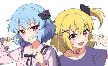 2girls :d alternate_costume black_bow black_ribbon blue_eyes bow collar commentary_request fang flandre_scarlet frilled_shirt_collar frills grin hair_bow hair_ornament highres long_sleeves looking_at_viewer miz_(mizillustration) multiple_girls neck_ribbon one_side_up open_mouth pink_shirt purple_shirt red_eyes remilia_scarlet ribbon shirt short_hair short_sleeves siblings sisters smile touhou unfinished upper_body v white_background x_hair_ornament