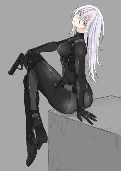 1girl absurdres bodysuit breasts commentary_request crona_(fuku12290574) fuku_(fuku12290574) glock gun handgun highres holding holding_gun holding_weapon large_breasts long_hair original simple_background sitting solo weapon white_hair