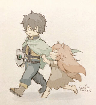 1boy 1girl animal_ears ankle_boots arm_shield bare_shoulders barefoot belt black_belt black_hair black_shirt boots brown_boots brown_dress brown_hair brown_shirt cape child collared_shirt commentary_request dated deformed dress green_cape green_pants high_collar iwatani_naofumi legendary_shield_(small_shield)_(tate_no_yuusha_no_nariagari) legendary_shield_(tate_no_yuusha_no_nariagari) long_hair long_sleeves looking_at_another looking_down looking_up medium_dress messy_hair o_o pants raccoon_ears raccoon_girl raccoon_tail raphtalia raphtalia_(young) saeki_luca_(aka) shirt short_hair signature simple_background tail tate_no_yuusha_no_nariagari torn_clothes torn_dress walking white_background