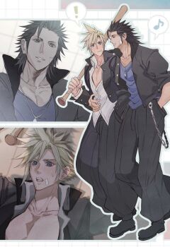 Rule 34 | !, 2b fff, 2boys, arm around waist, bandaid, bandaid on cheek, bandaid on face, baseball bat, black boots, black hair, black jacket, black pants, blonde hair, blue eyes, blue shirt, blush, boots, cloud strife (midgard seventh high school), collared shirt, delinquent, earrings, final fantasy, final fantasy vii, final fantasy vii: ever crisis, gakuran, hair between eyes, hair slicked back, hand in pocket, holding, holding baseball bat, jacket, jewelry, male focus, medium hair, multiple boys, official alternate costume, over shoulder, pants, parted lips, school uniform, shirt, short hair, sideburns, single earring, smile, spiked hair, spoken exclamation mark, sweatdrop, weapon, weapon over shoulder, white shirt, yaoi, zack fair (midgard seventh high school)