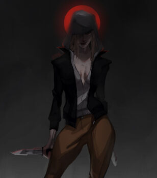 1girl absurdres black_jacket breasts brown_hair cleavage commentary contrapposto cowboy_shot dead_by_daylight grey_hoodie highres holding holding_knife hood hood_up hoodie jacket julie_kostenko knife long_hair looking_at_viewer moon moon_behind_head partially_open_hoodie partially_shaded_face red_moon serpentahl solo symbol-only_commentary thighs
