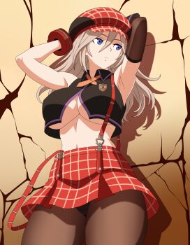 Rule 34 | 1girl, absurdres, alisa ilinichina amiella, arm warmers, armpits, arms up, bare shoulders, black vest, blue eyes, bracer, breasts, brown arm warmers, brown pantyhose, closed mouth, collared vest, commentary, cowboy shot, cropped vest, drop shadow, elbow gloves, gloves, god eater, god eater burst, grey hair, hair between eyes, hat, highres, large breasts, long hair, looking to the side, navel, newsboy cap, panties, panties under pantyhose, pantyhose, pantyshot, plaid clothes, plaid hat, plaid skirt, red hat, red skirt, shadow, sidelocks, single arm warmer, single elbow glove, skirt, solo, standing, stomach, suspender skirt, suspenders, suspenders slip, tsubasadraw, underboob, underwear, vest