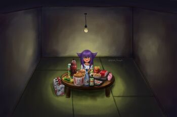 1girl :3 absurdres dark-skinned_female dark_skin darkness fang food highres jahy jahy-sama_wa_kujikenai! konya_kuuyuki open_mouth purple_hair shirt smile solo white_shirt yellow_eyes