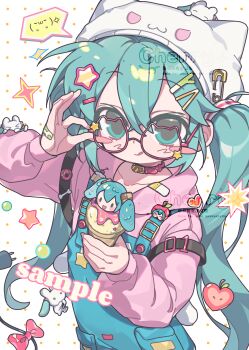 1girl :q absurdres adjusting_eyewear ai_ying_ying_ying_ying alternate_costume animal_ear_headwear animal_ears apple bandaid bandaid_on_clothes bandaid_on_hand beanie belt_collar blue_eyes blue_hair blue_overalls blush_stickers bone_ornament bow cat-shaped_eyewear cat_ears character-themed_food checkerboard_cookie chinese_commentary closed_mouth collar commentary_request cookie donut electric_plug electric_plug_tail emoticon eyeliner fake_animal_ears food food-themed_hair_ornament food-themed_ornament fruit glasses hair_between_eyes hair_ornament hairclip hat hatsune_miku highres holding holding_food holding_ice_cream hood hood_down hoodie ice_cream kaomoji long_hair long_sleeves looking_at_viewer makeup overalls pink_bow pink_collar pink_eyeliner pink_hoodie polka_dot polka_dot_background rabbit safety_pin sample_watermark simple_background smile solo sparkle speech_bubble spoken_expression spring_onion sprinkles star_(symbol) star_hair_ornament star_ornament tail tail_bow tail_ornament tongue tongue_out twintails upper_body very_long_hair vocaloid watermark white_background white_hat