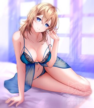 Rule 34 | 1girl, arm support, babydoll, bare shoulders, bed sheet, blonde hair, blue babydoll, blue eyes, blue panties, breasts, cleavage, collarbone, commentary request, full body, hachiware (8ware63), head tilt, highres, indoors, kantai collection, large breasts, lingerie, long hair, looking at viewer, navel, on bed, panties, parted lips, reclining, smile, solo, strap slip, tuscaloosa (kancolle), underwear, underwear only, window
