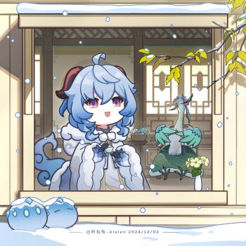1girl absurdres alalen bird black_gloves blue_hair breasts chibi cloud_retainer_(genshin_impact) coat cup fur-trimmed_coat fur_trim ganyu_(genshin_impact) ganyu_(young)_(genshin_impact) genshin_impact gloves goat_horns goose highres holding holding_cup horns long_hair open_mouth purple_eyes slime_(genshin_impact) snow solo white_coat xianyun_(genshin_impact)