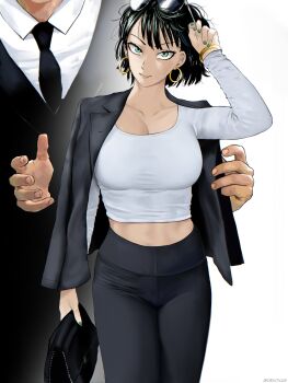 1boy 1girl absurdres bag black_bag black_coat black_hair black_necktie black_pants black_suit bob_cut bracelet breasts cleavage coat coat_on_shoulders collarbone collared_shirt cropped_shirt devovas earrings eyelashes eyewear_on_head facing_viewer formal_clothes frown fubuki_(one-punch_man) gold_bracelet gold_earrings green_eyes green_nails hand_up head_out_of_frame highres holding holding_bag hoop_earrings jewelry large_breasts lipgloss lips long_sleeves looking_at_viewer mature_female mature_male midriff midriff_peek necktie one-punch_man pants parted_bangs pink_lips round_eyewear shirt short_hair signature smile solo_focus suit sunglasses twitter_username two-tone_background white_background white_shirt yoga_pants