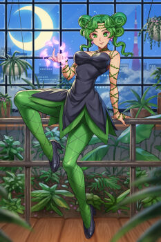 Rule 34 | 1girl, absurdres, animal ears, bishoujo senshi sailor moon, bishoujo senshi sailor moon s, black dress, black footwear, blush, breasts, cleavage, closed mouth, commission, dress, green eyes, green hair, green pantyhose, high heels, highres, indoors, large breasts, lips, night, pantyhose, plant, potted plant, second-party source, short hair, smile, solo, speh, tellu (sailor moon), window