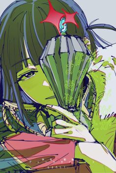 Rule 34 | 1girl, black hair, blunt bangs, commentary, copyright name, epaulettes, ex uchidana, fur-trimmed jacket, fur trim, green eyes, green jacket, green theme, grey background, hands up, highres, holding, holding mace, holding weapon, jacket, jacket on shoulders, long hair, long sleeves, looking at viewer, mace, one eye covered, one side up, parted lips, portrait, shoujo kageki revue starlight, simple background, solo, sparkle, translation request, tsuyuzaki mahiru, untranslatable commentary, weapon