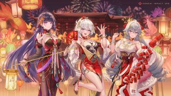 Rule 34 | 3girls, aerial fireworks, ahoge, architecture, black pantyhose, blue eyes, breasts, bronya zaychik, bronya zaychik (silverwing: n-ex), chinese clothes, chinese commentary, cleavage, commentary request, copyright name, diamond-shaped pupils, diamond (shape), dress, drill hair, east asian architecture, envelope, fireworks, fish, flying fish, grey eyes, grey hair, highres, holding, holding envelope, hongbao, honkai (series), honkai impact 3rd, kiana kaslana, kiana kaslana (ba-dum! fiery wishing star), lantern, large breasts, long hair, multiple girls, night, official alternate costume, official art, pantyhose, paper lantern, purple eyes, purple hair, raiden mei, raiden mei (apho), red dress, salmon, sky lantern, symbol-shaped pupils, thighs, very long hair, white hair