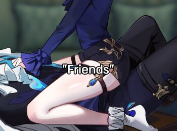 "friends"_(meme) 1boy 1girl absurdres ascot black_pants black_shorts black_vest blue_ascot blue_shirt blue_sleeves blurry blurry_background clenched_hand couch frilled_sleeves frilled_socks frills furina_(genshin_impact) genshin_impact girl_on_top grey_hair hand_on_another's_chest head_out_of_frame hetero highres hiji_(hijichan) indoors long_hair long_sleeves meme neuvillette_(genshin_impact) pants shirt short_shorts shorts skindentation socks straddling thigh_strap vest white_ascot white_socks
