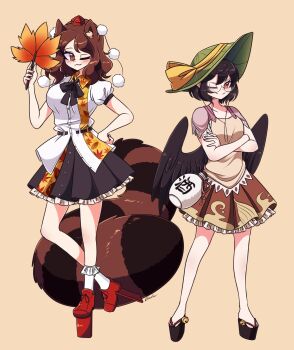 2girls ;) ;3 absurdres alternate_costume animal_ear_fluff animal_ears artist_name bell bird_wings black_hair black_skirt black_wings blush bottle breasts brown_eyes brown_hair brown_skirt closed_mouth collared_shirt commentary commission cosplay costume_switch crossed_arms english_commentary eyelashes feathered_wings frilled_skirt frills full_body futatsuiwa_mamizou geta glasses hand_on_own_hip hat hat_ribbon hauchiwa height_difference highres holding jingle_bell large_breasts leaf leaf_hat leaf_on_head leaf_print littlecloudie looking_at_viewer medium_breasts miniskirt multiple_girls okobo one_eye_closed platform_sandals pom_pom_(clothes) puffy_short_sleeves puffy_sleeves raccoon_ears raccoon_tail red_eyes red_footwear red_headwear ribbon rimless_eyewear sake_bottle sandals shameimaru_aya shameimaru_aya_(cosplay) shirt short_hair short_sleeves simple_background skirt smile socks standing tail tengu-geta tokin_hat touhou white_legwear white_shirt wing_collar wings yellow_ribbon