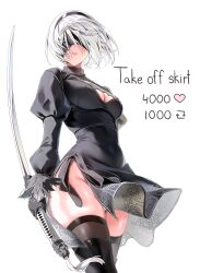 Rule 34 | 1girl, 2b (nier:automata), absurdres, black blindfold, black dress, black hairband, black thighhighs, blindfold, boots, breasts, cleavage, cleavage cutout, clothing cutout, commentary, covered eyes, cowboy shot, dress, english commentary, english text, hair ornament, hairband, highres, holding, holding sword, holding weapon, juliet sleeves, katana, long sleeves, machulanko, medium breasts, meme, nier:automata, nier (series), no panties, puffy sleeves, reverse grip, short hair, side slit, simple background, solo, standing, sword, thick thighs, thighhighs, thighhighs under boots, thighs, twitter strip game (meme), weapon, white background, white hair