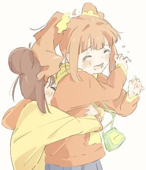 2girls blush brown_hair closed_eyes fkurou_p hair_bun highres hood hoodie hug hug_from_behind idolmaster idolmaster_(classic) multiple_girls orange_hair orange_hoodie siblings simple_background sisters sketch takatsuki_kasumi takatsuki_yayoi twintails upper_body white_background yellow_hoodie